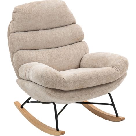Rocking chair-fauteuil à bascule rembourré-pieds acier-pattins bois-blanc crème-69x65x107-115cm (1/5)