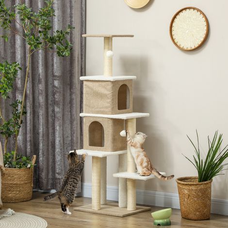 Tiragraffi per gatti in pelle di pecora da 140 cm con 2 grotte, piattaforme, palline pendenti e palo in sisal marrone chiaro.