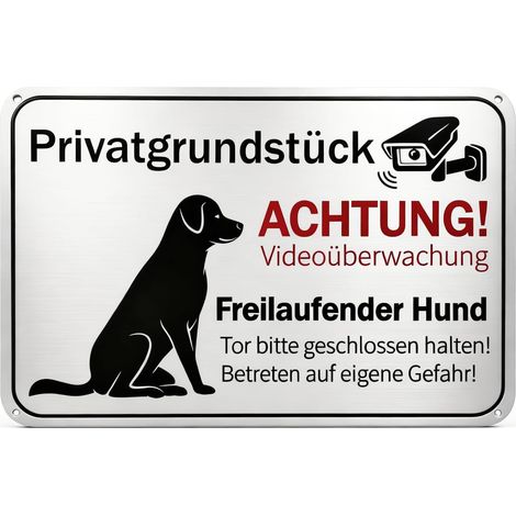 Panneau Attention au Chien 30x20cm Aluminium Brossé, Plaque Vidéosurveillance Étanche, Antirouille, Signalisation Sécurité Propriété Privée, Chien de Garde Portail Clôture Mur, Version Allemande (1/5)