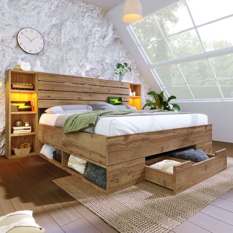 Modernluxe – Lit adulte 160×200 cm en bois naturel – Avec liseuse LED et ports USB – Sommier à lattes – Capacité 272 kg
