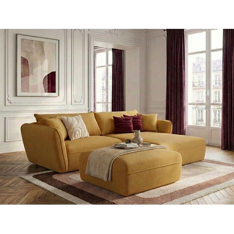 BOBOCHIC - Canapé d'angle fixe LUIGI tissu lisse avec pouf Angle droit  Jaune