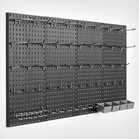 Panneau Perforé Mural 609,6x304,8 mm Organiseur Garage en Métal Robuste avec 4 Panneaux Perforés, Accessoires, Kit Rangement d'Outils pour Salle d'Artisanat, Maison, Entrepôt, Magasin, Noir (1/5)