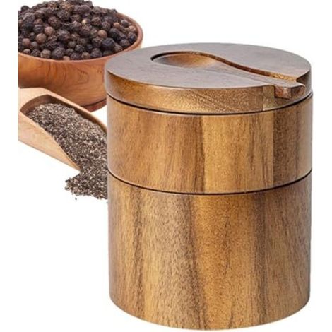 Saliera e pepiera in legno naturale – Contenitore rotondo a doppio scomparto con coperchio, design elegante per la cucina francese