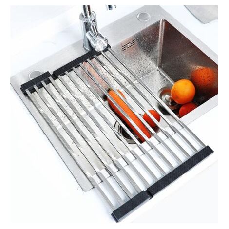 Égouttoir à vaiss pliable, tapis d'évier enroulable en acier inoxydable, égouttoir de cuisine argenté (16 tubes pliables 47 x 36 cm) (1/5)