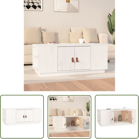 The Living Store Table basse Blanc 100x50x41 cm Bois massif de pin - Table Basse Blanche - Table Basse Design - Table Basse Bois Massif - Table Basse Rangement - Meuble Salon (1/5)
