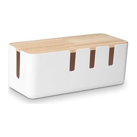 Cable storage box 30.5 x 12.5 x 11.5 cm, wooden lid, cable organizer for desk, TV, computer, USB hub system for hiding power strips (1/4)
