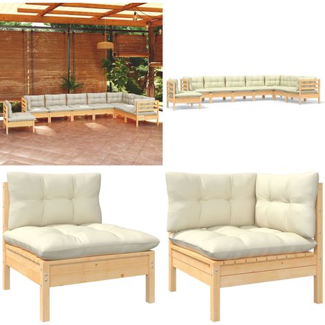 8-tlg. Garten-Lounge-Set mit Creme Kissen Massivholz Kiefer - Garten Lounge Set - Kiefernholzmöbel - Outdoor Möbel - Gartengeräte - Loungemöbel - Home & Living