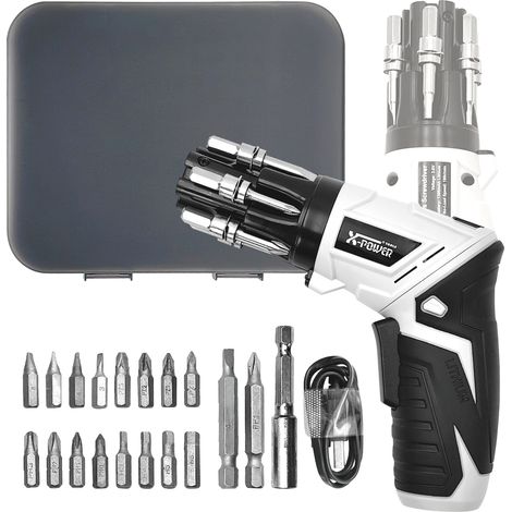 Tournevis électrique sans fil avec batterie rechargeable, poignée pivotante à 180°, 6 embouts à changement rapide, lampe LED, kit de 19 accessoires (1/5)