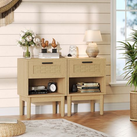 Table De Chevet Lot De 2,40x30x55cm Table de Chevet bohème en rotin avec 1 tiroir et étagères Ouvertes, Table D'appoint en rotin Bois, able De Nuit Moderne pour Chambre à Coucher, Salon, Bureau-Chêne