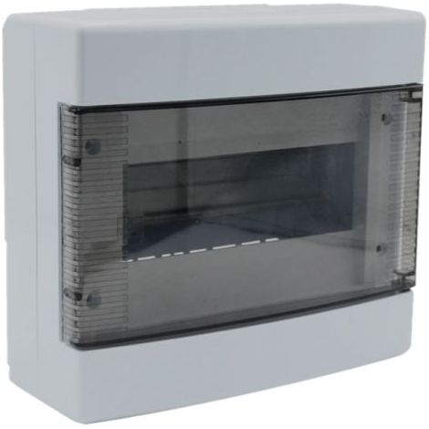 Em Distribution – Tableau de distribution 8 modules 180x200x90mm IP40 – Porte transparente fumée – En plastique ABS – Résistance IK8 – Rail DIN inclus
