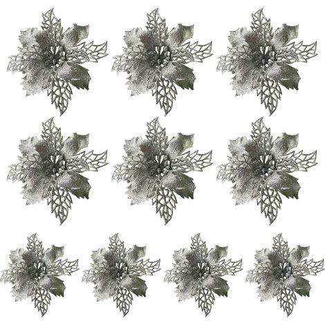 Lot de 10 décorations de Noël argentées à paillettes, en forme de feuilles de houx et de poinsettias artificiels, pour sapin (15 cm de diamètre), couronne de Noël, guirlande, cadeau floral, décoration (1/5)