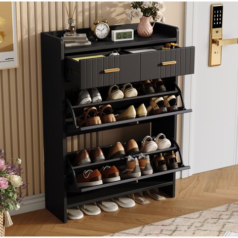 Schuhschrank mit Klappfächern und Schublade, schwarz, 75 x 24 x 108,5 cm (1/5)