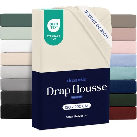 Drap Housse 120x190/200cm Grand Bonnet 35cm Beige (1/5)