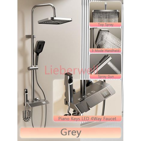 Ensemble complet de système de douche de baignoire, noir, blanc, gris, ensembles de douche numériques à LED sous pression de pluie, chaud et froid Top 1 ensemble de douche 4 voies en cuivre de luxe (1/4)