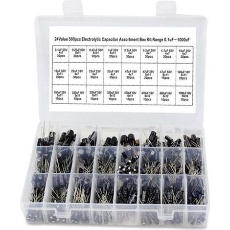 500pcs - lot Condensateurs electrolytiques de valeurs de 0.1UF-1000UF 24 Melange 16-50V Condensateur electrolytique Kit et boite de (1/4)