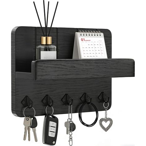 Porte-clés mural avec tablette, porte-clés/tableau de clés multifonctionnel avec 5 crochets à clés, noir, rangement pour clés pour entrée, couloir, cuisine, salon, chambre à coucher (1/5)