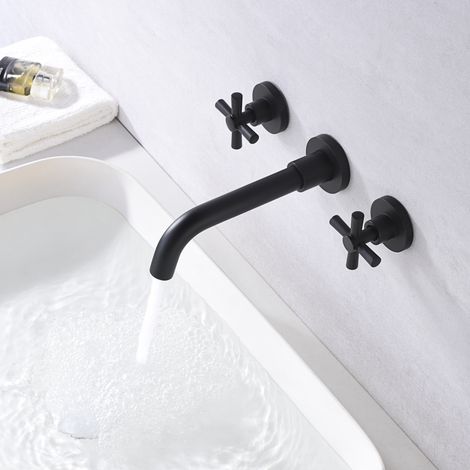 SUMERAIN Mélangeur de Lavabo Mural noir mat, Robinet de lavabo avec trois trous à deux poignées (1/5)