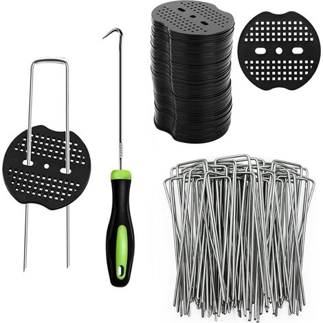 100 Pièces Piquets de Jardin Galvanisé avec 100 Rondelles, Piquets de Fixation en Acier Galvanisé, Piquets Antirouille D'ancrage au Sol, Sardines de Fixation Set pour Toile de Paillage et de Jardinage (1/5)