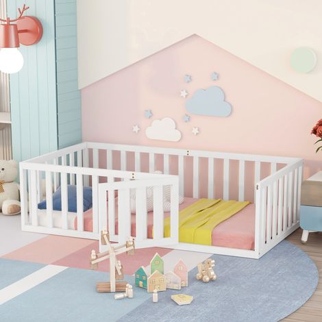 Bett Kinderbett Bodenbett 90x200 Holz Weiß OKMYHOME (1/5)