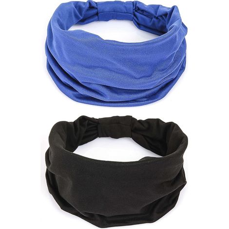 2er-Pack Damen-Stirnbänder aus Baumwolle mit breitem Knoten, rutschfest, elastisch, für Sport & Yoga (Schwarz/Blau) (1/3)