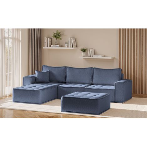 Ecksofa Modulsofa 4-teilig SANDE Stoff Raven Blau Ottomane Links (1/5)
