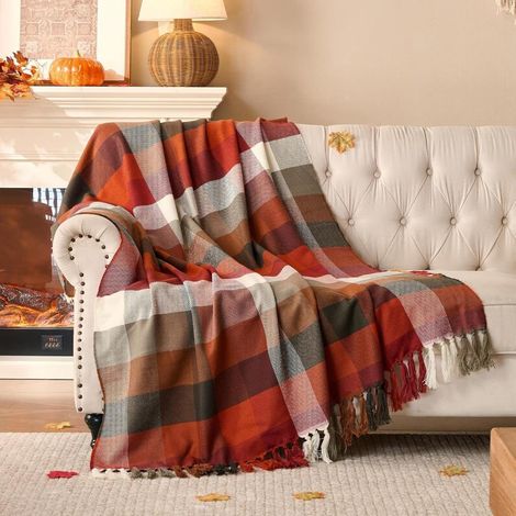 Terracotta-Decke Sofa Acryl-Fleece, Fransen-Ueberwurf gemuetlich, karierte Decke warm Wohnzimmer bequem (1/5)