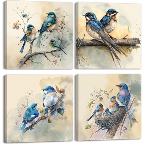 Lot de 4 Impression sur toile Beaux oiseaux Toile Tableaux Cochon Rose Peinture sur Toile Animaux Décorations Murales Tableau Mural avec cadre intérieur pour salon, bureau 30x30cm (1/5)