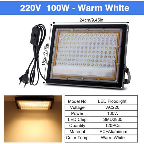 IP65-wasserdichter 100 W LED-Projektor – AC 220 V / DC 12 V Stromversorgung – Starke Außenbeleuchtung mit warmweißem Licht (3000 K) – Eurostecker – Ideal für Gebäudefassaden, Gärten und Geschäftsräume