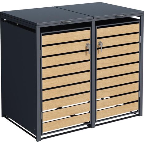 Mülltonnenbox Müllbox Mülltonnenverkleidung 2 Türen Box Anthrazit mit Holzdekor