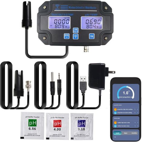 Moniteur EC pH pour Hydroponie, Testeur de Qualité de l'eau 6-en-1 avec Wi-Fi, Testeur de pH, Surveillance Continue du pH, PPM, EC, CF, Humidité et Température pour Système de Culture Intérieur DWC