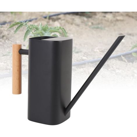 Regadera metálica antigoteo de estilo moderno para plantas de interior: acero inoxidable, 800 ml, negra, con boquilla larga y mango de madera. (1/5)