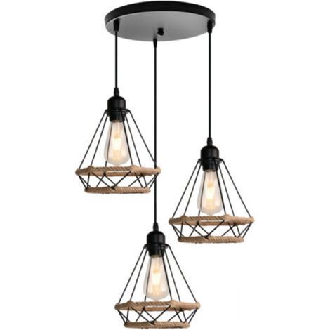 Plafonnier D'Intérieur Rétro Noir Suspension Luminaire En Corde De Chanvre 20CM Lustre Diamant 3 Lumières Suspension Lustre Vintage En Métal (1/5)