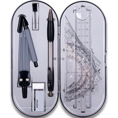 Kit de géométrie - Lot de 8 pièces - Règles - Rapporteur - Compas incassable (1/4)