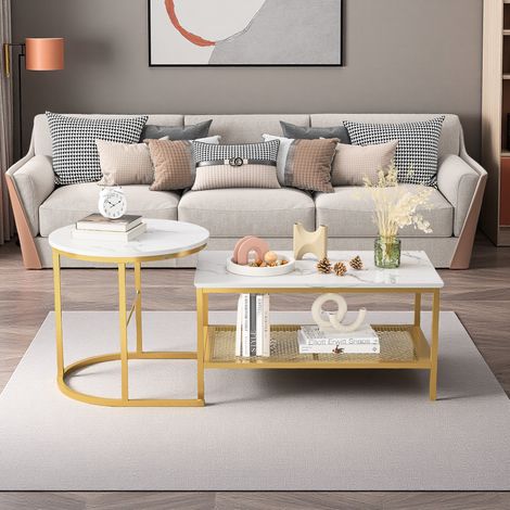 2-teiliges Set Moderne Couchtische, Beistelltische für Wohnzimmer, Büro, Goldfarbener Metallrahmen, Verstellbare Tischbeine, Rechteckiger Couchtisch (1/5)
