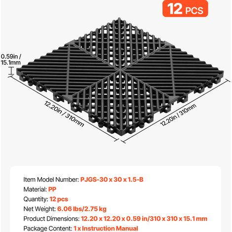 VEVOR Interlocking Drainage Mats, 12" x 12", Modular Garage Flooring Tiles, Non-Slip PP Drainage Floor Tiles, Self-Draining, Easy Installation, for Bathroom, Kitchen, Pool & Outdoor, Black, 12 Pack (1/4)