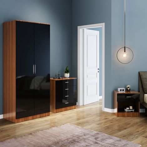 ELEGANT Wardrobe Set High Gloss 3 Piece Bedroom Storage Furniture Include 2 Soft Close Doors Wardrobe and 4 Drawer Chest and Bedside Cabinet, Black/Walnut