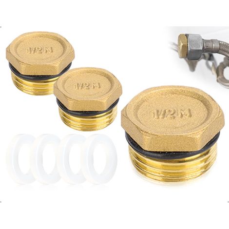 Juego de 2 tapones de latón, tapón de sellado con rosca externa de 1/2", tapón roscado, extremo de manguera con junta, utilizado para tuberías de agua de baño y jardín.