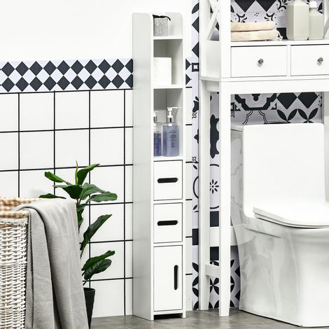 Hochschrank für Badezimmer, WC-Schrank mit Regalen und Fächern – 15 x 17 x 120 cm, weiß
