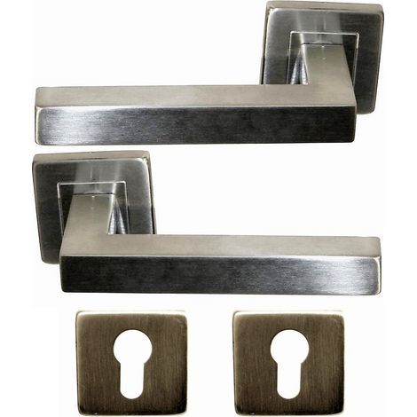 Manilla de Puerta COLETTE Cuadrada de 20 x 10 con Rosetas de Acero inoxidable 304, Finamente Satinada. Sección de la manivela: 2  + 2 rosas cilíndro (1/2)