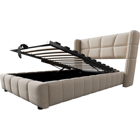 Lit coffre rembourré 90 x 200 cm avec sommier à lattes, tête de lit et système de levage, beige (1/5)