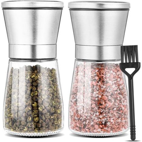 Pack de 2 moulins à épices dans des bouteilles en verre, Moulin à Poivre et Sel Manuel, Salieres et Poivrieres en acier inoxydable, Broyeur en Céramique Réglable, pour moudre le poivre, Pepper Mills (1/5)