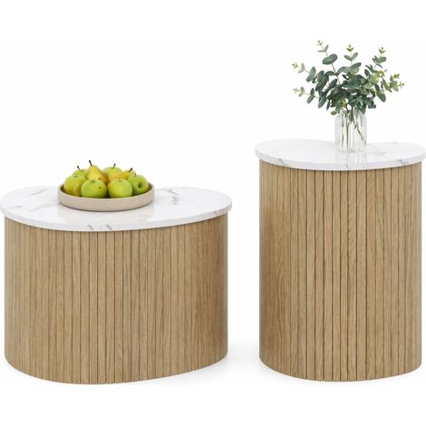 CHICFURN Juego de 2 mesas de centro 60 x 37 x 38 cm y 40 x 25 x 50 cm MDF natural blanco mármol (1/5)