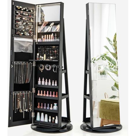 COSTWAY Armoire à Bijoux Pivotante à 360°, Rangement Bijoux Design 3 en 1 avec Miroir Pleine Longueur et Lumières LED 3 Couleurs, Organisateur de Bijoux Style Nordique (Noir,Style 1) (1/5)