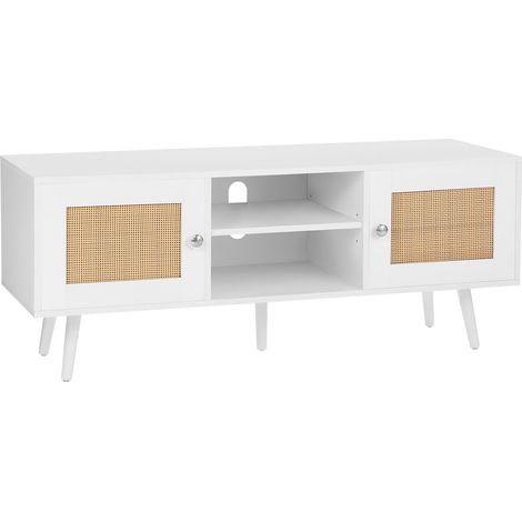 Meuble TV en rotin blanc, console bohème pour téléviseur 55 pouces, étagères ajustables, style mid-century moderne, salon ou salle média. (1/5)