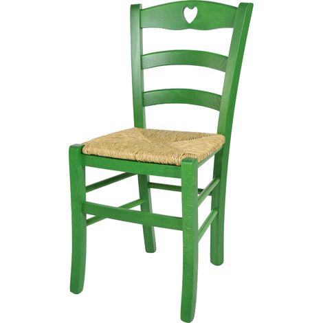 Tommychairs - Sedia modello Cuore per cucina bar e sala da pranzo, robusta struttura in legno di faggio verniciata in anilina verde e seduta in paglia