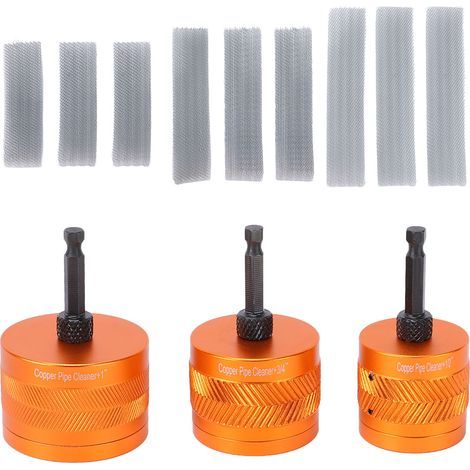 Kupferrohrreiniger-Set, 1/4-Zoll-Sechskantschaftbohrer und 9 Reinigungsbürstenstreifen (1/2, 3/4, 1 orange) (1/5)