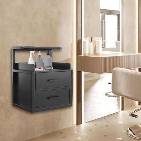 Hängender Salon-Wandschrank, Wandmontierter Salon-Speicherschrank, Aufbewahrungstisch mit 2 Schubladen und Haartrocknerständer, für Spas, Friseurläden, Salons, 40x30x48 cm Schwarz) (1/5)