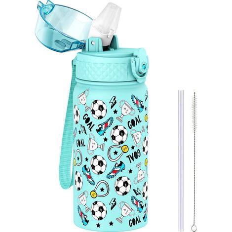 Trinkflasche Kinder Strohhalm Himmelblau Fu&xDFball 420ml 14oz (1/5)