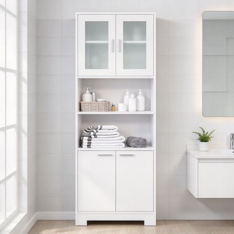 Colonne Salle de Bain, Armoire Salle de Bain, 4 Portes 2 Compartiments Ouverts, Étagères Réglables, 60x40x180cm, Blanc (1/5)