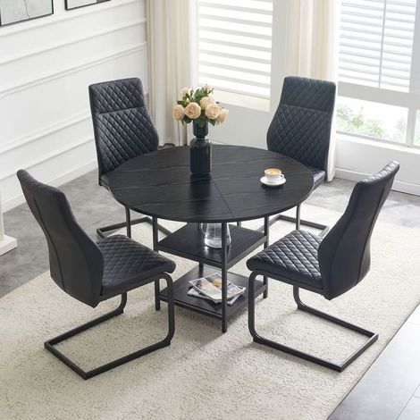 Table et Chaises de Salle à Manger 107 cm ronde double rangement 4 chaises noires motif losange MDF et métal (1/5)